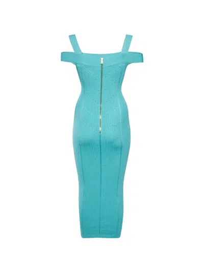 Pre-owned Balmain Cold-shoulder Rib-knit Midi Dress In Blue
