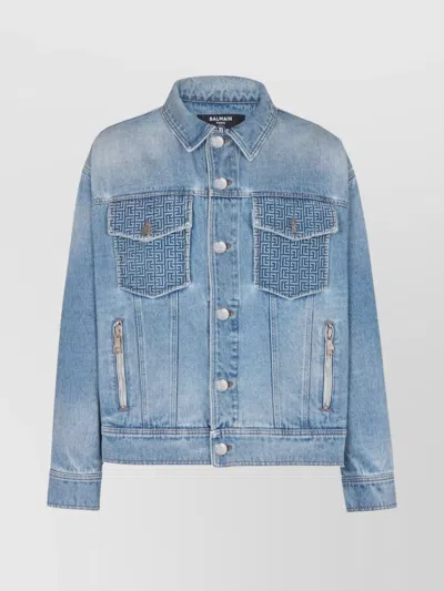 Balmain Collar Zip Jacket With Long Sleeves And Printed Pattern In Blue