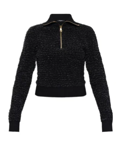 Balmain Collared Long-sleeved Knit Sweater In Black