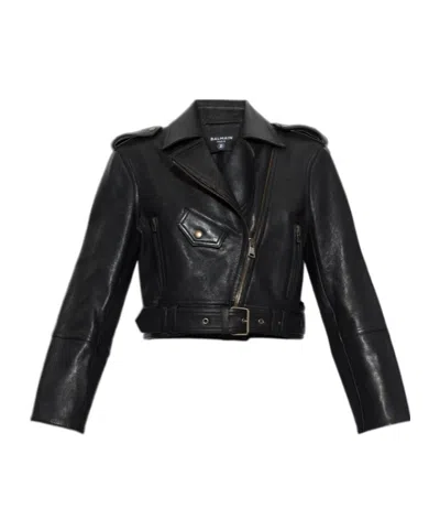 Balmain Collared Long-sleeved Leather Jacket In Black