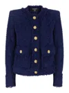 Balmain Blue Collarless Jacket With Gold Buttons In Tweed Woman In Blu
