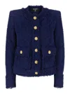 Balmain Blue Collarless Jacket With Gold Buttons In Tweed Woman In Blue