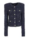 Balmain Blue Collarless Jacket With Gold Buttons In Tweed Woman In Dark Blue