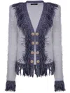 Balmain Women's Collarless Glittered Fringed Tweed Jacket In Blue