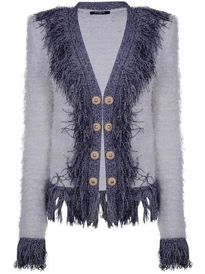 BALMAIN BALMAIN COLLARLESS GLITTERED FRINGED TWEED JKT