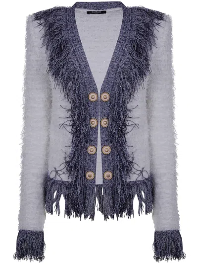 Balmain Collarless Glittered Fringed Tweed Jkt In Purple