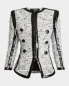 BALMAIN COLLARLESS RAW-EDGE SEQUINED BLAZER