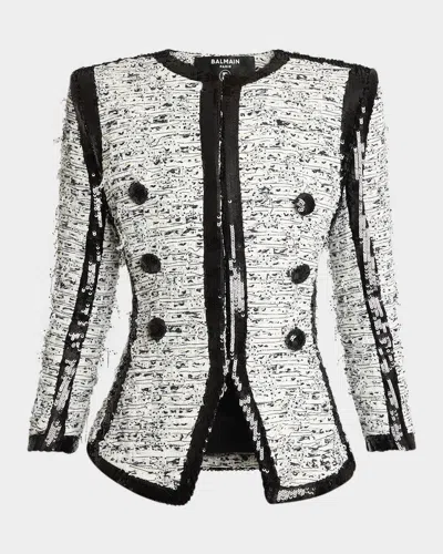 BALMAIN COLLARLESS RAW-EDGE SEQUINED BLAZER