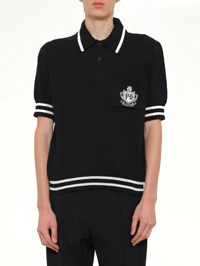 Balmain College Emblem Knit Polo In Black