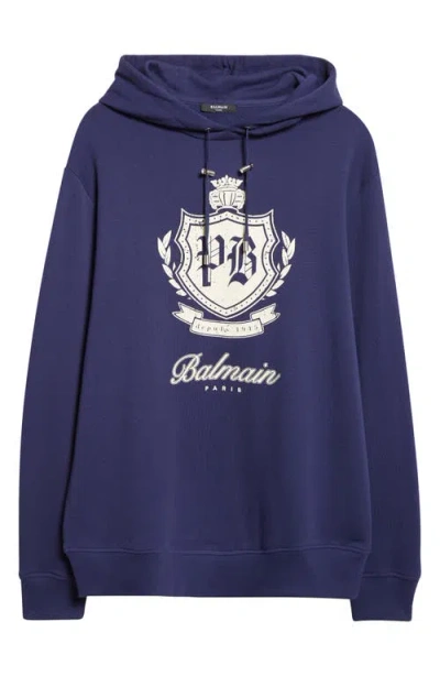 Balmain College Emblem Print Hoodie In Blue