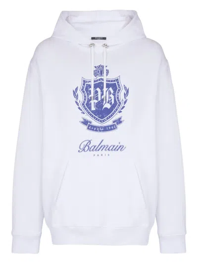 Balmain College Emblem Print Hoodie In White