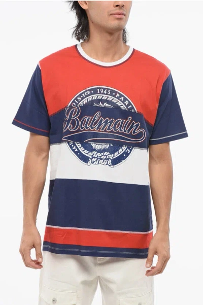 Balmain Color Block Crew-neck T-shirt With Printed Logo In Multi