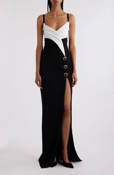 Balmain Two-tone Crepe Draped Long V-neck Split Dress In Multi