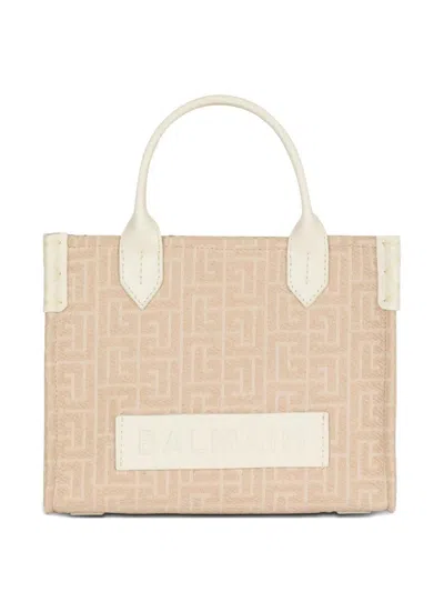 Balmain B-army Small Monogrammed Canvas And Leather Tote Bag In Metallic