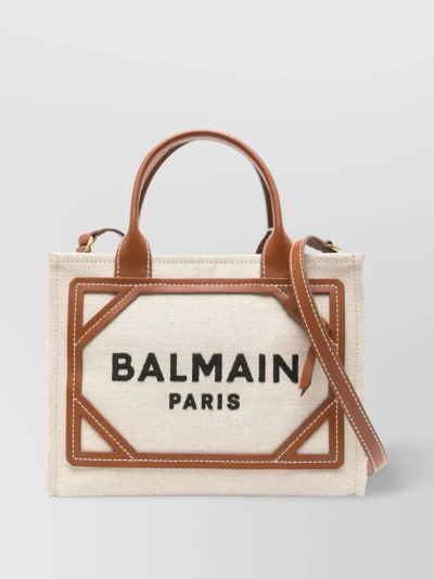 BALMAIN COMPACT CANVAS SHOPPER WITH LEATHER ACCENTS