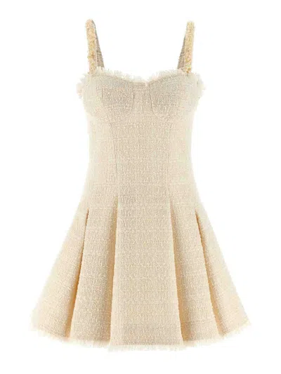 Balmain Conchiglie Dress Pleated Skirt Sleeveless Square Neckline In White