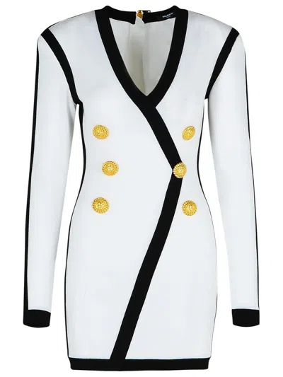 Balmain V-neck Button Wrap Body-con Mini Dress In White
