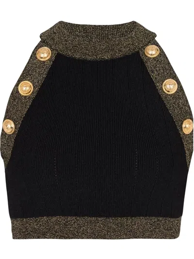 Balmain Golden Trim Six-button Knit Crop Top In Black Gold