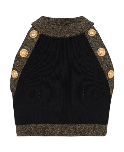 Balmain Contrast-trimmed Knitted Top In Black