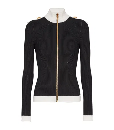 Balmain Contrast Zip-up Cardigan In Black