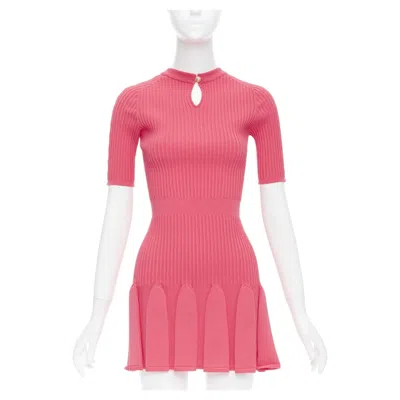 Pre-owned Balmain Coral Pink Keyhole Neck Ribbed Flutter Skirt Mini Dress Fr34 Xs In Red