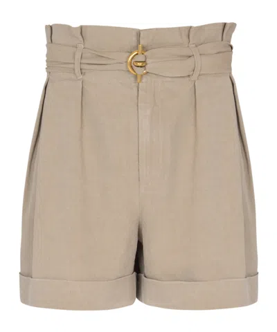 Balmain Cotton And Linen Bermuda Shorts With T-bar Belt In Brown