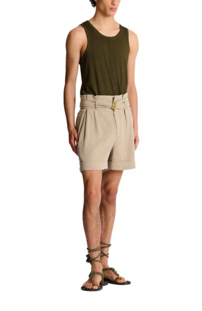 Balmain Cotton And Linen Bermuda Shorts With T-bar Belt In Brown