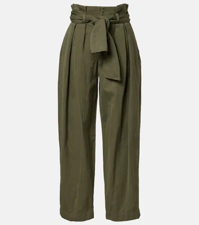 Balmain Belted Pleated Cotton And Linen-blend Twill Tapered Pants In Green
