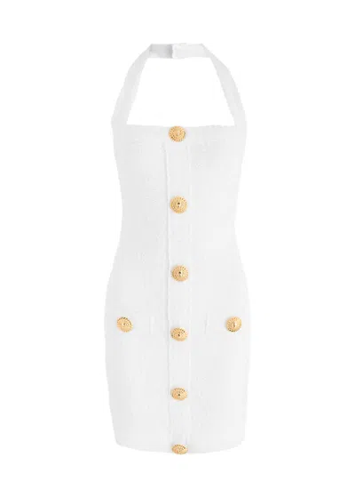 Balmain Mini White Dress With Halterneck And Jewel Buttons In Tweed