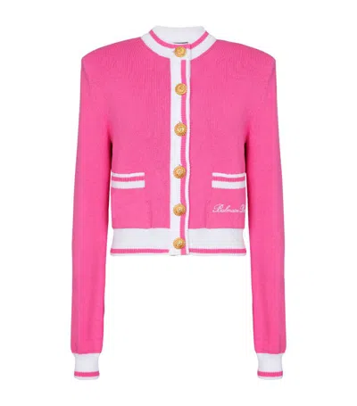 Balmain Strong-shoulder Signature Buttoned Knit Cardigan In Pink