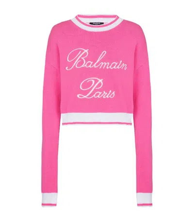 Balmain Cotton-blend Embroidered-logo Sweater In Pink