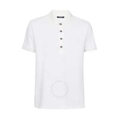 Balmain Monogrammed Textured Fabric Polo Shirt With Metal Buttons In White