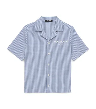 Balmain Kids' Cotton-blend Short-sleeve Logo Shirt In Blue