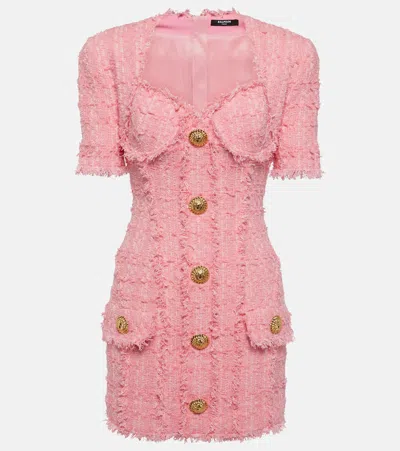 Balmain Button-embellished Tweed Minidress In Pink