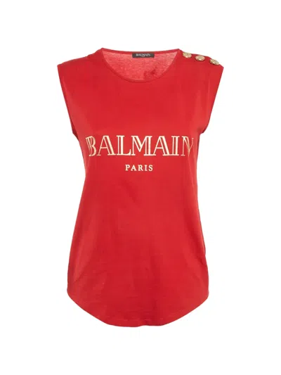 Pre-owned Balmain Cotton Button Top In Red