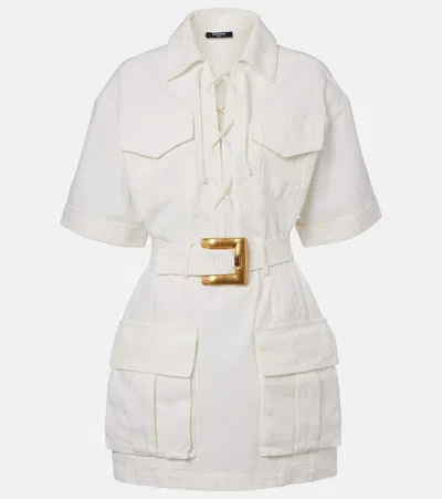 Balmain Short Dress With Belted Waist And Front Pockets In Neutral