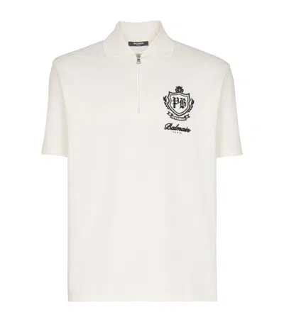 Balmain Cotton College Emblem Polo Shirt In White