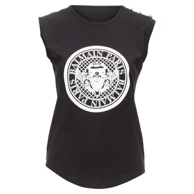 Balmain Cotton Crest Logo Silver Button Shoulder Tank Top Vest In Black
