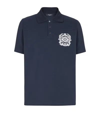 Balmain Cotton Crest Polo Shirt In Blue