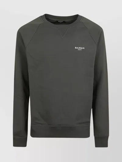 Balmain Cotton Crew Neck Sweatshirt With Moon Sleeve In Light Brown