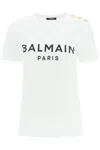 Balmain White Crewneck T-shirt With Logo Print And Golden Buttons In Jersey Woman