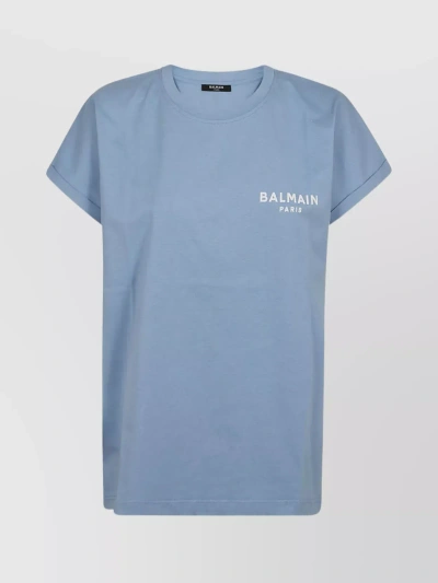 Balmain Cotton Crew Neck T-shirt With Velvet Embossed Writing In Blue