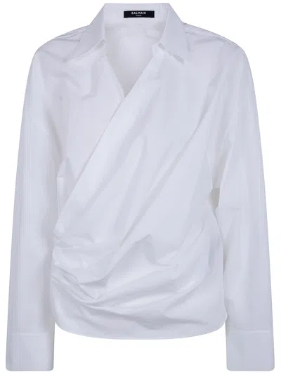 Balmain Cotton Draped Wrap Shirt In White