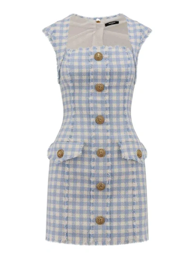 Balmain Cotton Dress With Vichy Motif In Blue