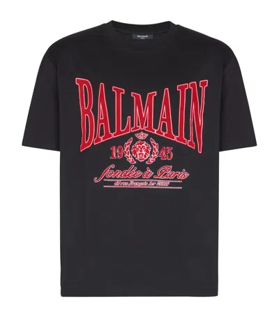 Balmain Cotton Flocked College Print T-shirt In Black