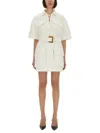 Balmain Short Dress With Belted Waist And Front Pockets In Neutral