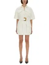 Balmain Short Dress With Belted Waist And Front Pockets In Neutral