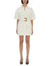 Balmain Short Dress With Belted Waist And Front Pockets In Neutral
