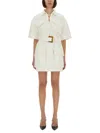 Balmain Short Dress With Belted Waist And Front Pockets In Neutral