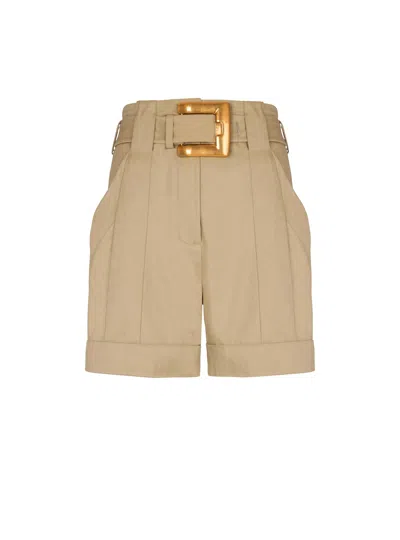 Balmain Cotton Gabardine Shorts With Belt In Neutral